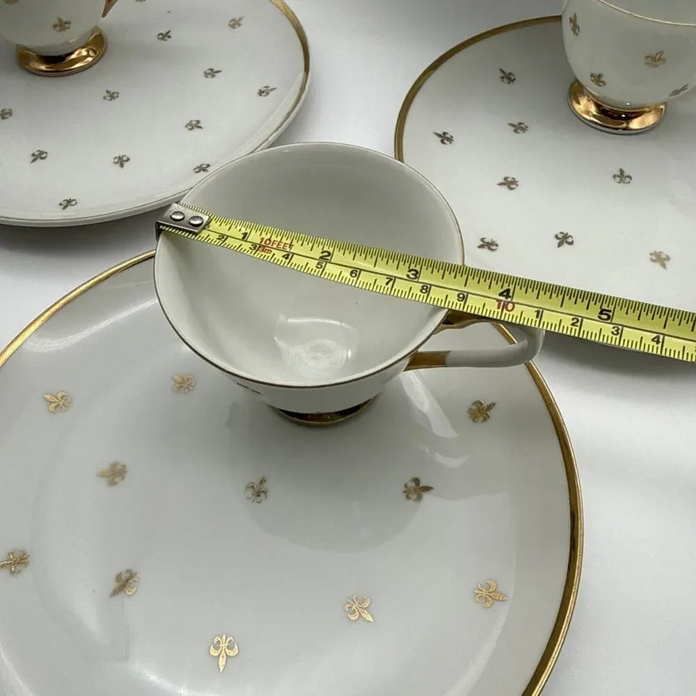 Set Of 7 (50-60's) Fleur de Lis Snack Set Gold & White -Plates & Tea/Coffee Cups